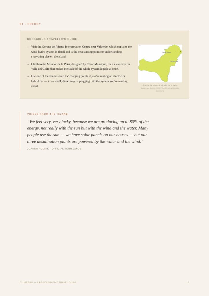 Sample page from the guide: Conscious Traveler’s Guide box with map and a quote from tour guide Joanna Rudnik
