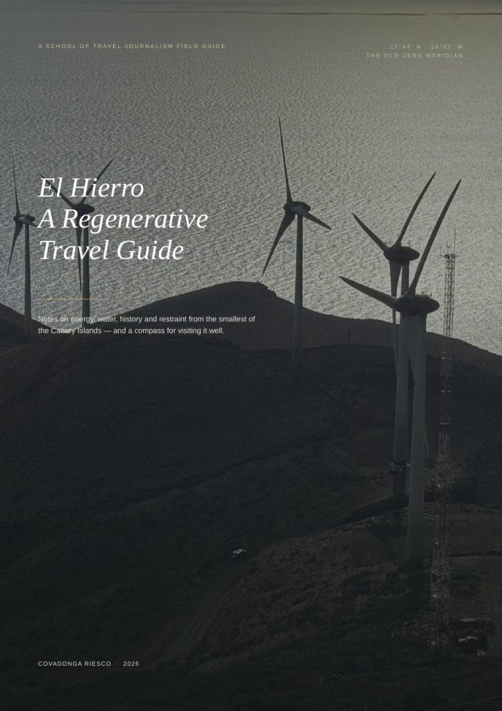 Cover of El Hierro: A Regenerative Travel Guide by Covadonga Riesco, with wind turbines over the sea